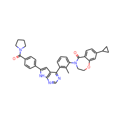 Cc1c(-c2ncnc3[nH]c(-c4ccc(C(=O)N5CCCC5)cc4)cc23)cccc1N1CCOc2cc(C3CC3)ccc2C1=O ZINC000148747429