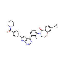 Cc1c(-c2ncnc3[nH]c(-c4ccc(C(=O)N5CCCCC5)cc4)cc23)cccc1N1CCOc2cc(C3CC3)ccc2C1=O ZINC000148690366