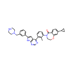 Cc1c(-c2ncnc3[nH]c(-c4cccc(CN5CCNCC5)c4)cc23)cccc1N1CCOc2cc(C3CC3)ccc2C1=O ZINC000205762351