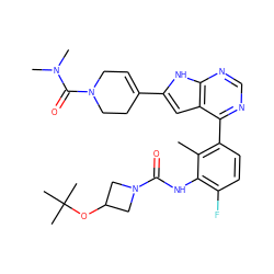 Cc1c(-c2ncnc3[nH]c(C4=CCN(C(=O)N(C)C)CC4)cc23)ccc(F)c1NC(=O)N1CC(OC(C)(C)C)C1 ZINC000142936222