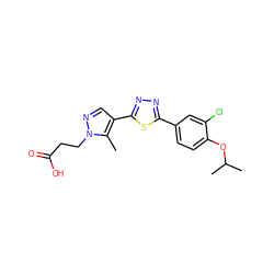 Cc1c(-c2nnc(-c3ccc(OC(C)C)c(Cl)c3)s2)cnn1CCC(=O)O ZINC000653713223