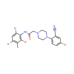 Cc1c(Br)cc(Br)c(NC(=O)CN2CCN(c3ccc(Br)cc3C#N)CC2)c1Br ZINC000028348432