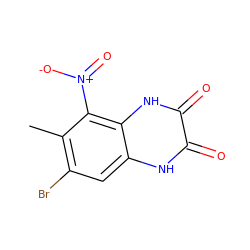 Cc1c(Br)cc2[nH]c(=O)c(=O)[nH]c2c1[N+](=O)[O-] ZINC000013478384