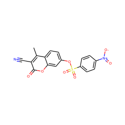 Cc1c(C#N)c(=O)oc2cc(OS(=O)(=O)c3ccc([N+](=O)[O-])cc3)ccc12 ZINC001772604791