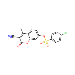 Cc1c(C#N)c(=O)oc2cc(OS(=O)(=O)c3ccc(Cl)cc3)ccc12 ZINC001772632732