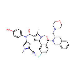 Cc1c(C(=O)N(c2ccc(O)cc2)c2cc(C#N)n(C)c2)cc(-c2cc(F)ccc2C(=O)N2Cc3ccccc3C[C@H]2CN2CCOCC2)n1C ZINC000261109318