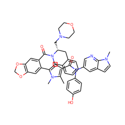 Cc1c(C(=O)N(c2ccc(O)cc2)c2cnc3c(ccn3C)c2)cc(-c2cc3c(cc2C(=O)N2Cc4ccccc4C[C@H]2CN2CCOCC2)OCO3)n1C ZINC000261107376