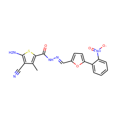 Cc1c(C(=O)N/N=C/c2ccc(-c3ccccc3[N+](=O)[O-])o2)sc(N)c1C#N ZINC000004853763