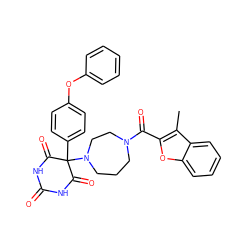 Cc1c(C(=O)N2CCCN(C3(c4ccc(Oc5ccccc5)cc4)C(=O)NC(=O)NC3=O)CC2)oc2ccccc12 ZINC000072107789