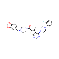 Cc1c(C(=O)N2CCN(Cc3ccc4c(c3)OCO4)CC2)sc2ncnc(N3CCN(c4ccccc4F)CC3)c12 ZINC000038150034