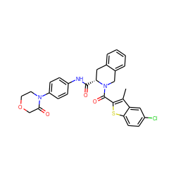 Cc1c(C(=O)N2Cc3ccccc3C[C@H]2C(=O)Nc2ccc(N3CCOCC3=O)cc2)sc2ccc(Cl)cc12 ZINC000084724692