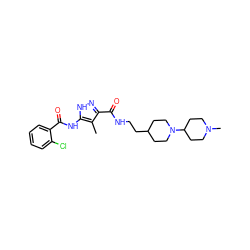 Cc1c(C(=O)NCCC2CCN(C3CCN(C)CC3)CC2)n[nH]c1NC(=O)c1ccccc1Cl ZINC000040422666