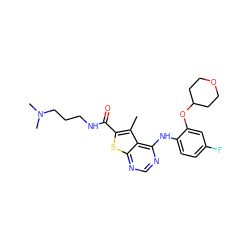 Cc1c(C(=O)NCCCN(C)C)sc2ncnc(Nc3ccc(F)cc3OC3CCOCC3)c12 ZINC000068199774