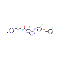 Cc1c(C(=O)NCCCN2CCN(C)CC2)[nH]c2cnnc(Nc3ccc(OCc4cccc(F)c4)c(Cl)c3)c12 ZINC000049777161