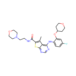 Cc1c(C(=O)NCCN2CCOCC2)sc2ncnc(Nc3ccc(F)cc3OC3CCOCC3)c12 ZINC000068199780