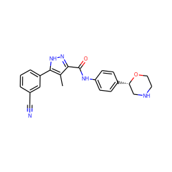 Cc1c(C(=O)Nc2ccc([C@H]3CNCCO3)cc2)n[nH]c1-c1cccc(C#N)c1 ZINC000150273713