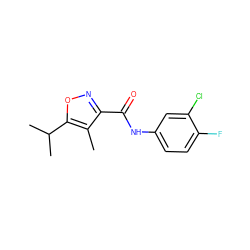 Cc1c(C(=O)Nc2ccc(F)c(Cl)c2)noc1C(C)C ZINC001772598409