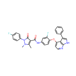 Cc1c(C(=O)Nc2ccc(Oc3ccnc4[nH]cc(-c5ccccc5)c34)c(F)c2)c(=O)n(-c2ccc(F)cc2)n1C ZINC000068204845