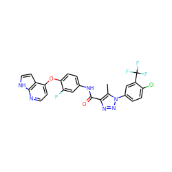 Cc1c(C(=O)Nc2ccc(Oc3ccnc4[nH]ccc34)c(F)c2)nnn1-c1ccc(Cl)c(C(F)(F)F)c1 ZINC000653721350