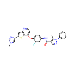 Cc1c(C(=O)Nc2ccc(Oc3ccnc4cc(-c5cn(C)cn5)sc34)c(F)c2)cnn1-c1ccccc1 ZINC000049777367