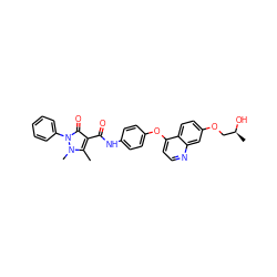 Cc1c(C(=O)Nc2ccc(Oc3ccnc4cc(OC[C@H](C)O)ccc34)cc2)c(=O)n(-c2ccccc2)n1C ZINC000143469616