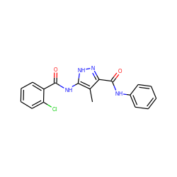 Cc1c(C(=O)Nc2ccccc2)n[nH]c1NC(=O)c1ccccc1Cl ZINC000028711974