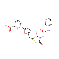 Cc1c(C(=O)O)cccc1-c1ccc(/C=C2/SC(=O)N(CC(=O)Nc3ccc(F)cc3)C2=O)o1 ZINC000002169967