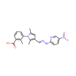 Cc1c(C(=O)O)cccc1-n1c(C)cc(/C=N/Nc2ccc([N+](=O)[O-])cn2)c1C ZINC000004620779