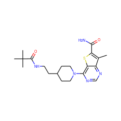 Cc1c(C(N)=O)sc2c(N3CCC(CCNC(=O)C(C)(C)C)CC3)ncnc12 ZINC000095592326