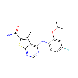 Cc1c(C(N)=O)sc2ncnc(Nc3ccc(F)cc3OC(C)C)c12 ZINC000473156094