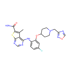 Cc1c(C(N)=O)sc2ncnc(Nc3ccc(F)cc3OC3CCN(Cc4ncon4)CC3)c12 ZINC000068199784