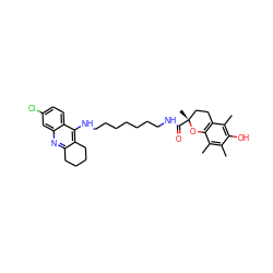 Cc1c(C)c2c(c(C)c1O)CC[C@@](C)(C(=O)NCCCCCCCNc1c3c(nc4cc(Cl)ccc14)CCCC3)O2 ZINC000473146017