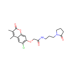 Cc1c(C)c2cc(Cl)c(OCC(=O)NCCCN3CCCC3=O)cc2oc1=O ZINC000006659812