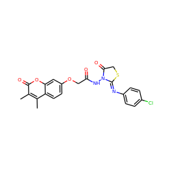 Cc1c(C)c2ccc(OCC(=O)NN3C(=O)CS/C3=N\c3ccc(Cl)cc3)cc2oc1=O ZINC000095580422