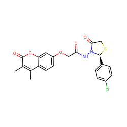 Cc1c(C)c2ccc(OCC(=O)NN3C(=O)CS[C@H]3c3ccc(Cl)cc3)cc2oc1=O ZINC000095574517