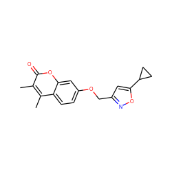 Cc1c(C)c2ccc(OCc3cc(C4CC4)on3)cc2oc1=O ZINC000028220987