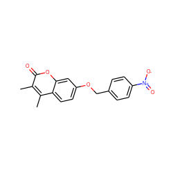 Cc1c(C)c2ccc(OCc3ccc([N+](=O)[O-])cc3)cc2oc1=O ZINC000000535312