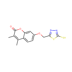 Cc1c(C)c2ccc(OCc3nnc(S)s3)cc2oc1=O ZINC000095579816