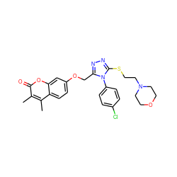 Cc1c(C)c2ccc(OCc3nnc(SCCN4CCOCC4)n3-c3ccc(Cl)cc3)cc2oc1=O ZINC000095579906