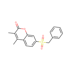 Cc1c(C)c2ccc(S(=O)(=O)Cc3ccccc3)cc2oc1=O ZINC000036471354