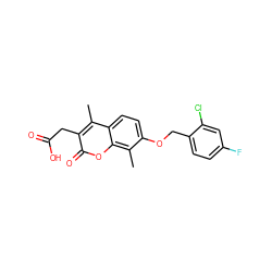 Cc1c(CC(=O)O)c(=O)oc2c(C)c(OCc3ccc(F)cc3Cl)ccc12 ZINC000004993822