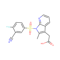 Cc1c(CC(=O)O)c2cccnc2n1S(=O)(=O)c1ccc(F)c(C#N)c1 ZINC000043123531