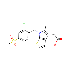 Cc1c(CC(=O)O)c2ccsc2n1Cc1ccc(S(C)(=O)=O)cc1Cl ZINC000066078132