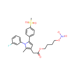 Cc1c(CC(=O)OCCCCO[N+](=O)[O-])cc(-c2ccc(S(C)(=O)=O)cc2)n1-c1cccc(F)c1 ZINC000113881543