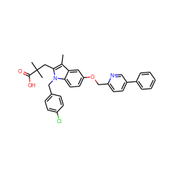 Cc1c(CC(C)(C)C(=O)O)n(Cc2ccc(Cl)cc2)c2ccc(OCc3ccc(-c4ccccc4)cn3)cc12 ZINC000001535717