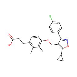 Cc1c(CCC(=O)O)ccc(OCc2c(-c3ccc(Cl)cc3)noc2C2CC2)c1C ZINC001772646603