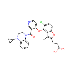 Cc1c(CCC(=O)O)oc2ccc(Cl)c(Oc3ccncc3C(=O)N3CCN(C4CC4)c4ccccc43)c12 ZINC000169349734