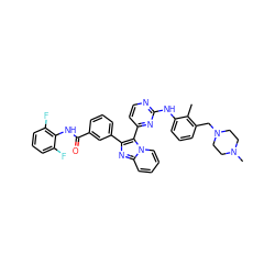 Cc1c(CN2CCN(C)CC2)cccc1Nc1nccc(-c2c(-c3cccc(C(=O)Nc4c(F)cccc4F)c3)nc3ccccn23)n1 ZINC000167090403