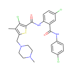 Cc1c(CN2CCN(C)CC2)sc(C(=O)Nc2ccc(Cl)cc2C(=O)Nc2ccc(Cl)cc2)c1Cl ZINC000023359290