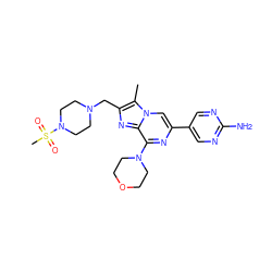 Cc1c(CN2CCN(S(C)(=O)=O)CC2)nc2c(N3CCOCC3)nc(-c3cnc(N)nc3)cn12 ZINC000084687641